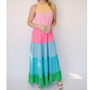 Jade Melody Womens Maxi Dress Tam Rainbow Halter Dress Colorblock Tunic Small